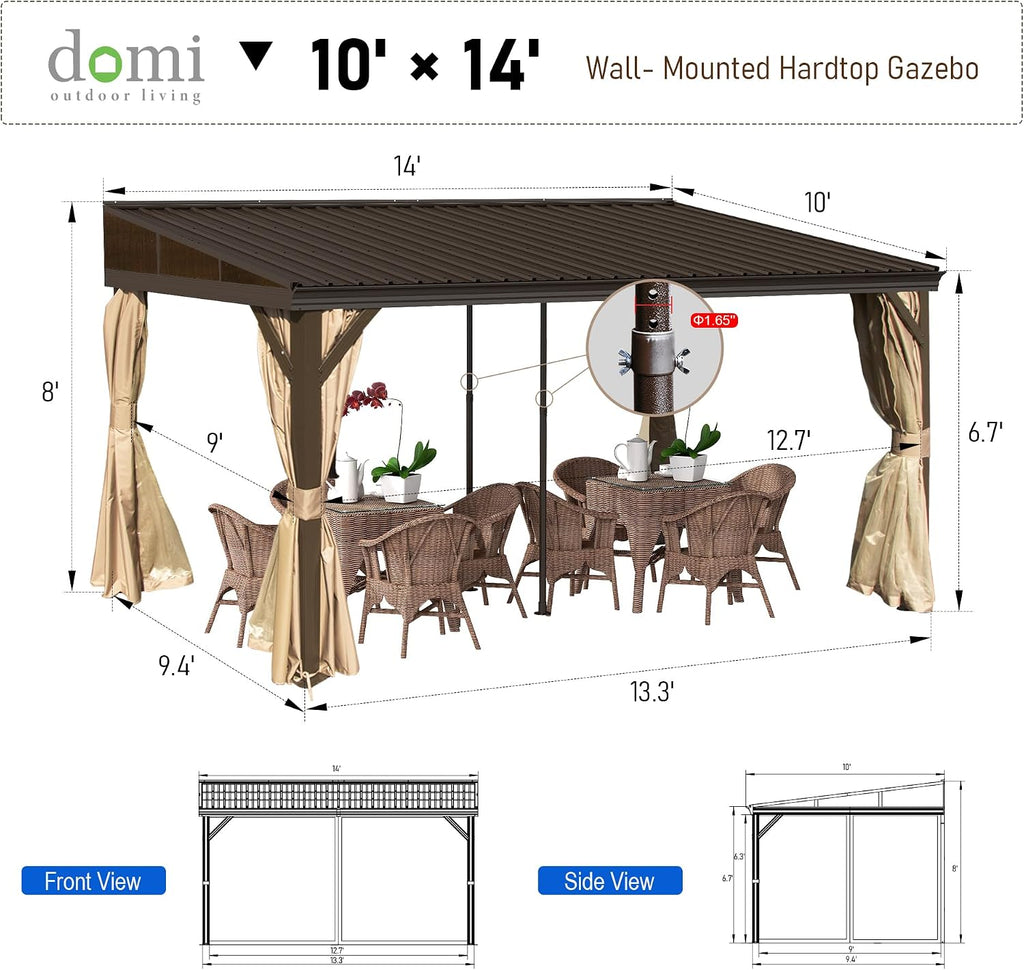 Domi 10x14FT Lean to Gazebo, Outdoor Hardtop Wall Mounted Heavy Duty Canopy with Sloping Galvanized Steel Roof, Aluminum Frame Mounted Gazebo, Netting and Curtain Included for Deck, Porch, Backyard