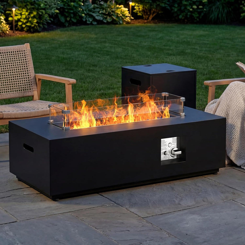 SUNPEAK 42' Rectangular Propane Fire Pit Table 50,000 BTU Fireplace Table with Wind Guard, Lid, Rocks and Cover - Fire Pits & Outdoor Fireplaces - Gas Fire Pits for Outside Patio (Black, 42')
