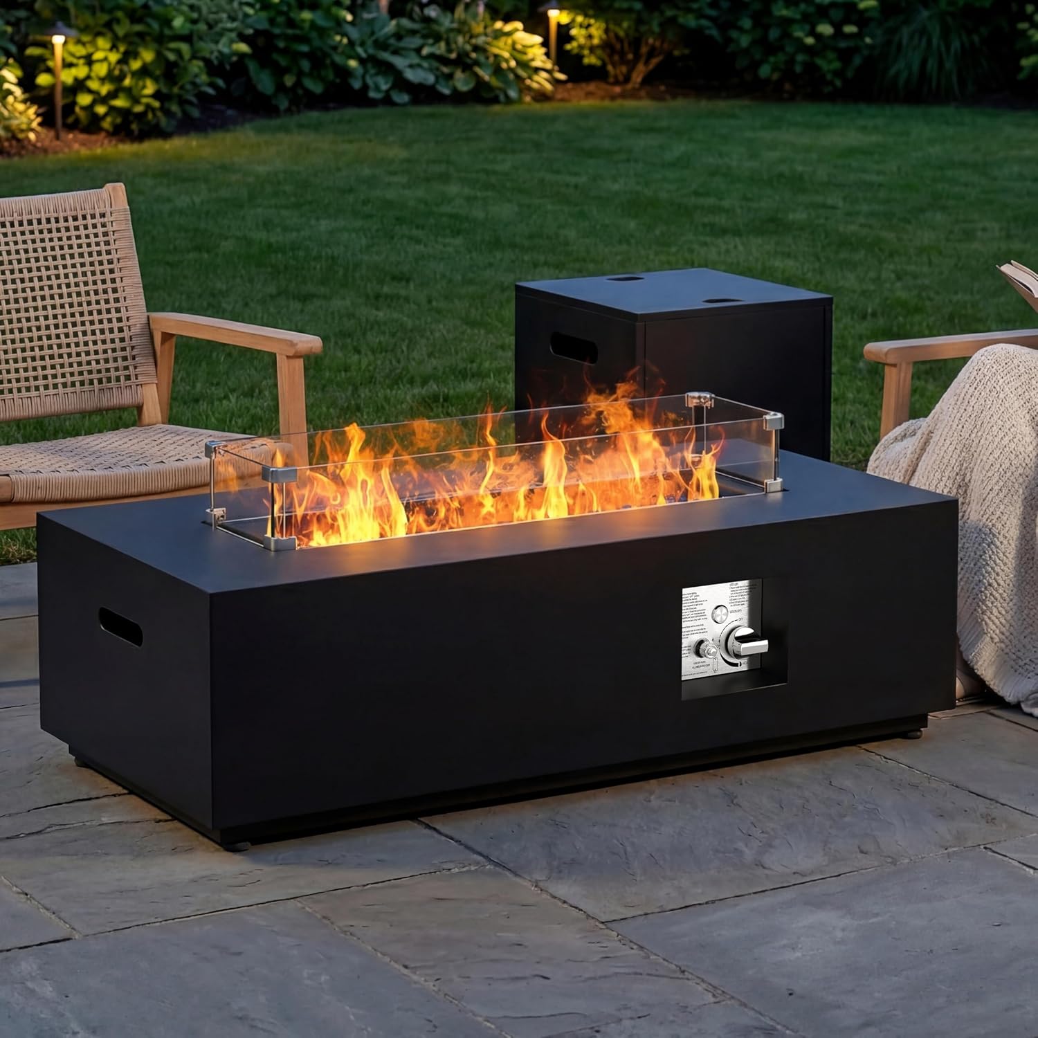 SUNPEAK 42' Rectangular Propane Fire Pit Table 50,000 BTU Fireplace Table with Wind Guard, Lid, Rocks and Cover - Fire Pits & Outdoor Fireplaces - Gas Fire Pits for Outside Patio (Black, 42')