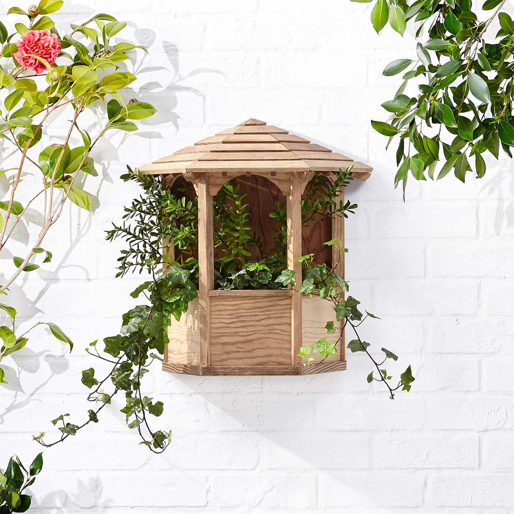 SamsGazebos Wall Mount English Garden Style Wood Gazebo Planter with Decorative Roof, 19-1/2 by 19 by 9-Inch, Brown