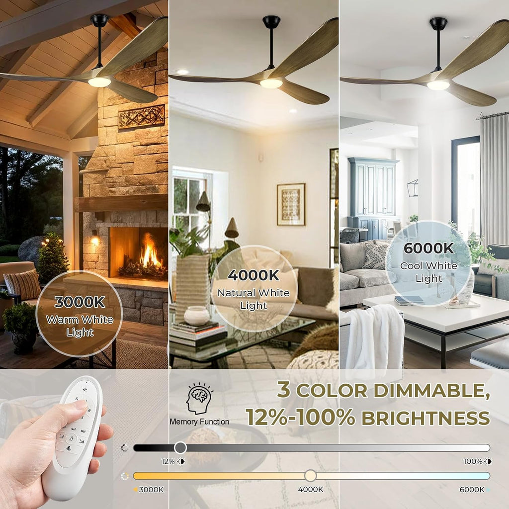 72' Ceiling Fans with Lights and Remote Control, Outdoor Ceiling Fan with Lights High CFM Quiet 3 Blade Wood Walnut Ceiling Fan,Bronze Gray