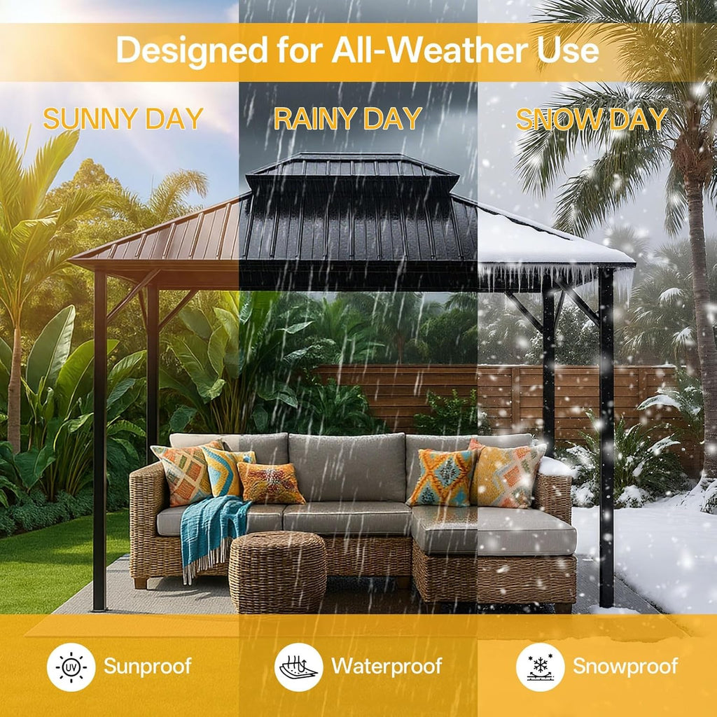 10x10 Hardtop Aluminum Gazebo, Outdoor Metal Gazebo with Netting & Curtains - Heavy Duty Iron Roof for Patios, Waterproof & Snow Load Resistant (Double Hardtop No Curtain & Netting)
