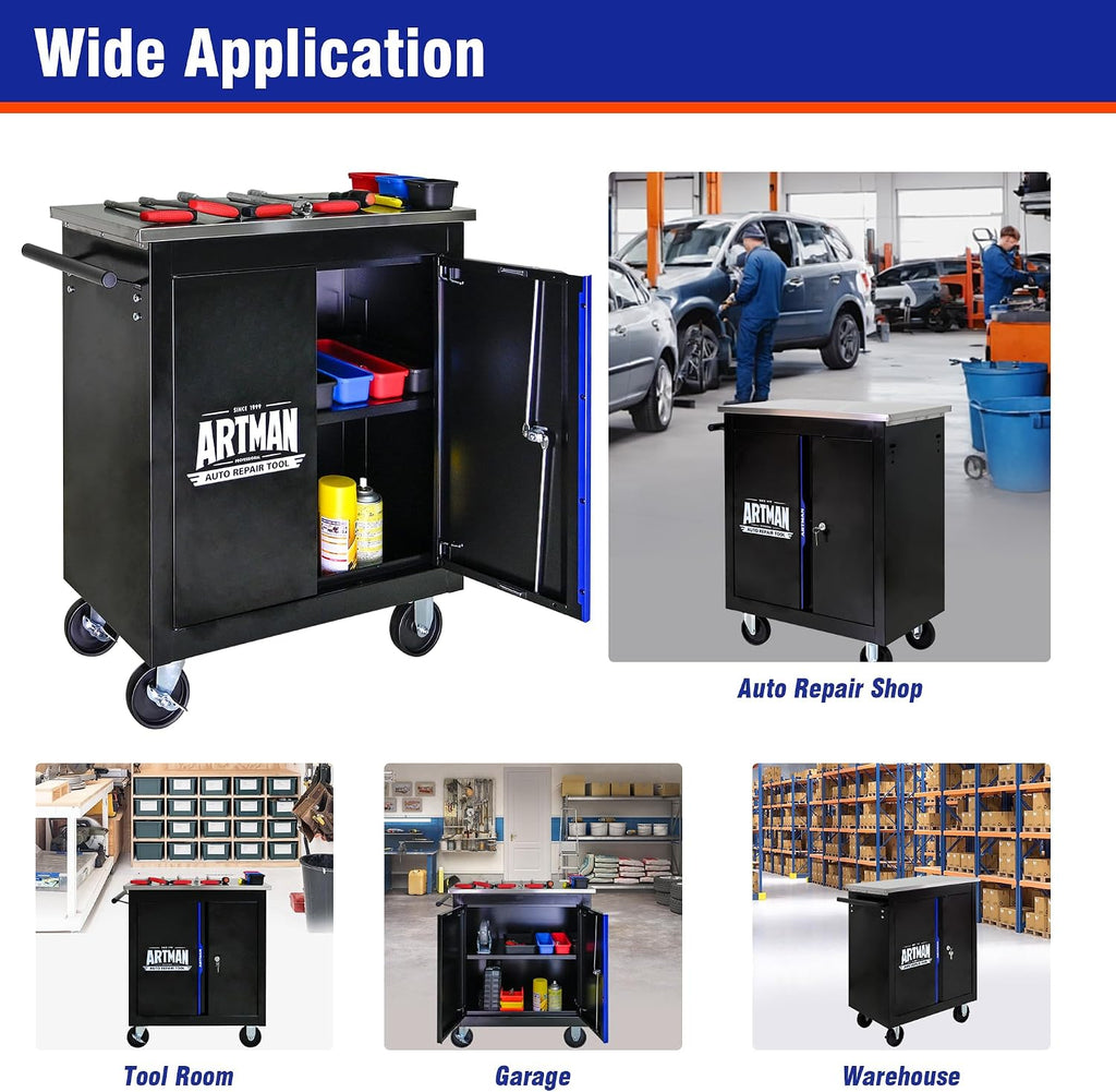 2 Doors Rolling Tool Box on Wheels, Stainless Steel Countertop Multifunctional Tool Chest Cabinet with Lock, Drawers Rolling Tool Cart Trolley Organizer Tool Storage Case for Garage,Warehouse