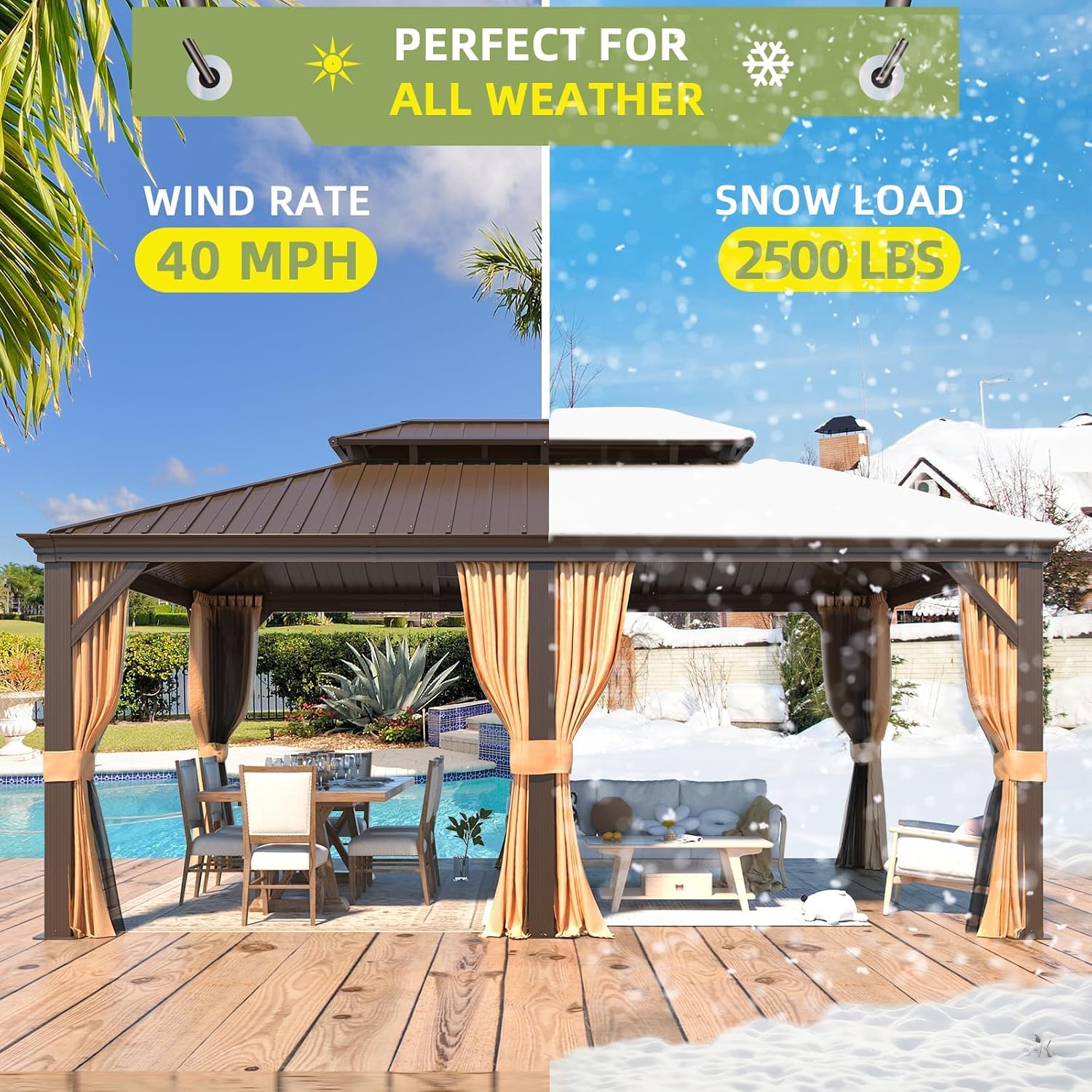 YOLENY 12'x18' Hardtop Gazebo,Galvanized Steel Metal Double Roof Gazebos with Curtain and Netting, Brown Permanent Pavilion Canopy with Aluminum Frame for Patios,Gardens,Lawns