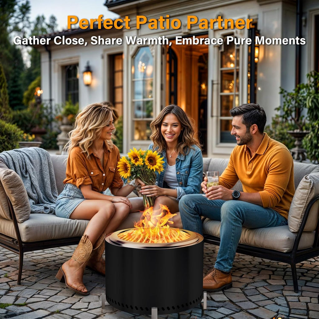 HGD 19.5' Smokeless Firepit with Stand, Stainless Steel Wood Burning Fire Pit for Friends & Family Gatherings, Secondary Combustion Outdoor Patio Stove for Garden BBQ & Bonfire (Black)