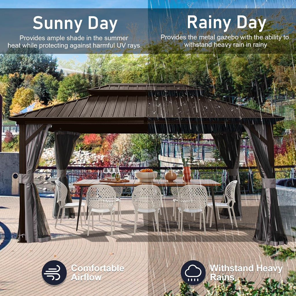 Hardtop Gazebo 10x14FT, Aluminum Outdoor Gazebo with Galvanized Steel Double Roof Canopy, Curtains and Nettings, Metal Gazebo Permanent Pavilion for Patio Wedding, Party, Outdoor Dining, Brown