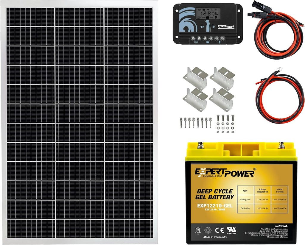 ExpertPower 100W 12V Solar Power Kit with Battery : 100W 12V Solar Panel + 10A Charge Controller + 21Ah Gel Battery