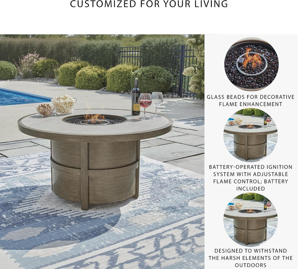 Signature Design by Ashley Rainier Ranch Contemporary Sintered Stone Tabletop Outdoor Fire Pit Table with Pedestal Base, Light Brown & Beige