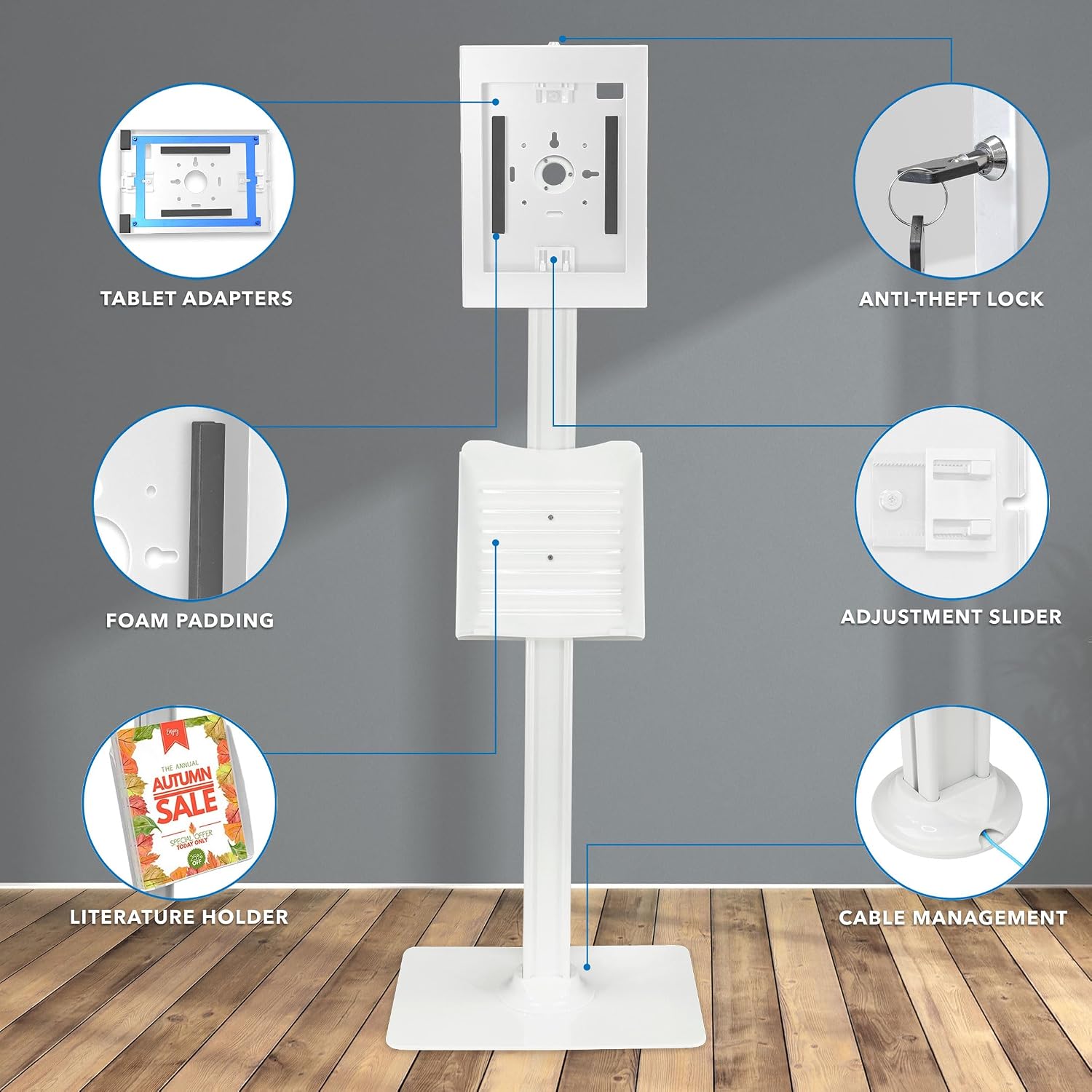 Mount-It! Anti-Theft iPad Tablet Floor Stand Kiosk with Literature Holder, Lockable Enclosure for iPad Gen 7–11, Pro & Air (A16), 90° Rotation & 75° Tilt, Commercial Kiosk Stand, Bolt Down Base, White