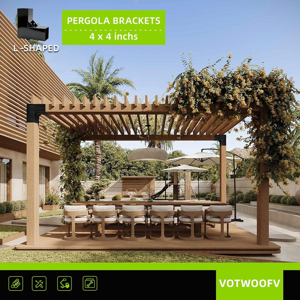 4'x4' L-Shaped Pergola Bracket,2-Way Woodwork Bracket for Indoor & Outdoor Wood Post Structures,DIY 90° Right Corner Brackets for Gazebos,Patios,Porchs,Log Cabins with Screws - 4Pack