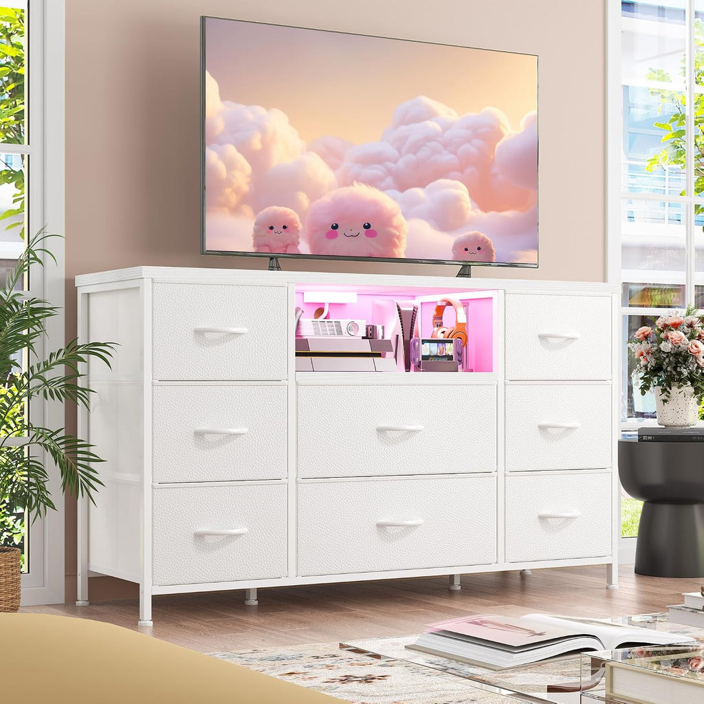 White Dresser for Bedroom with LED Lights & Charging Station, Dresser TV Stand for Bedroom with 8 Drawer for 55 inch TV, Fabric Dressers & Chests of Drawers with Open Shelves for Hallway Entryway