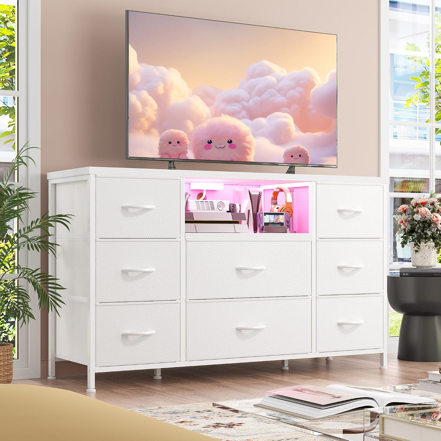 White Dresser for Bedroom with LED Lights & Charging Station, Dresser TV Stand for Bedroom with 8 Drawer for 55 inch TV, Fabric Dressers & Chests of Drawers with Open Shelves for Hallway Entryway