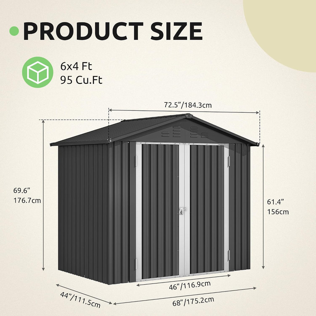 DWVO 6x4ft Outdoor Storage Shed, Weatherproof Tool Shed w/Locking Entry & Ventilation for Grass Cutter, Bike, Equipment, Courtyard, Garden (Dark Gray)