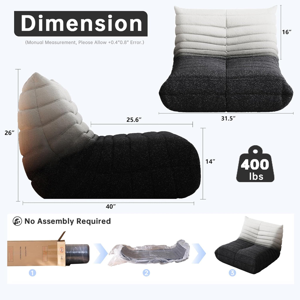 WHGBJA Memory Foam Bean Bag Chair for Adults, Teddy Material Beanbag Sofa with Filler, Cozy Floor Lounge Seat for Living Room, Bedroom, Dorm, Office (Black White)