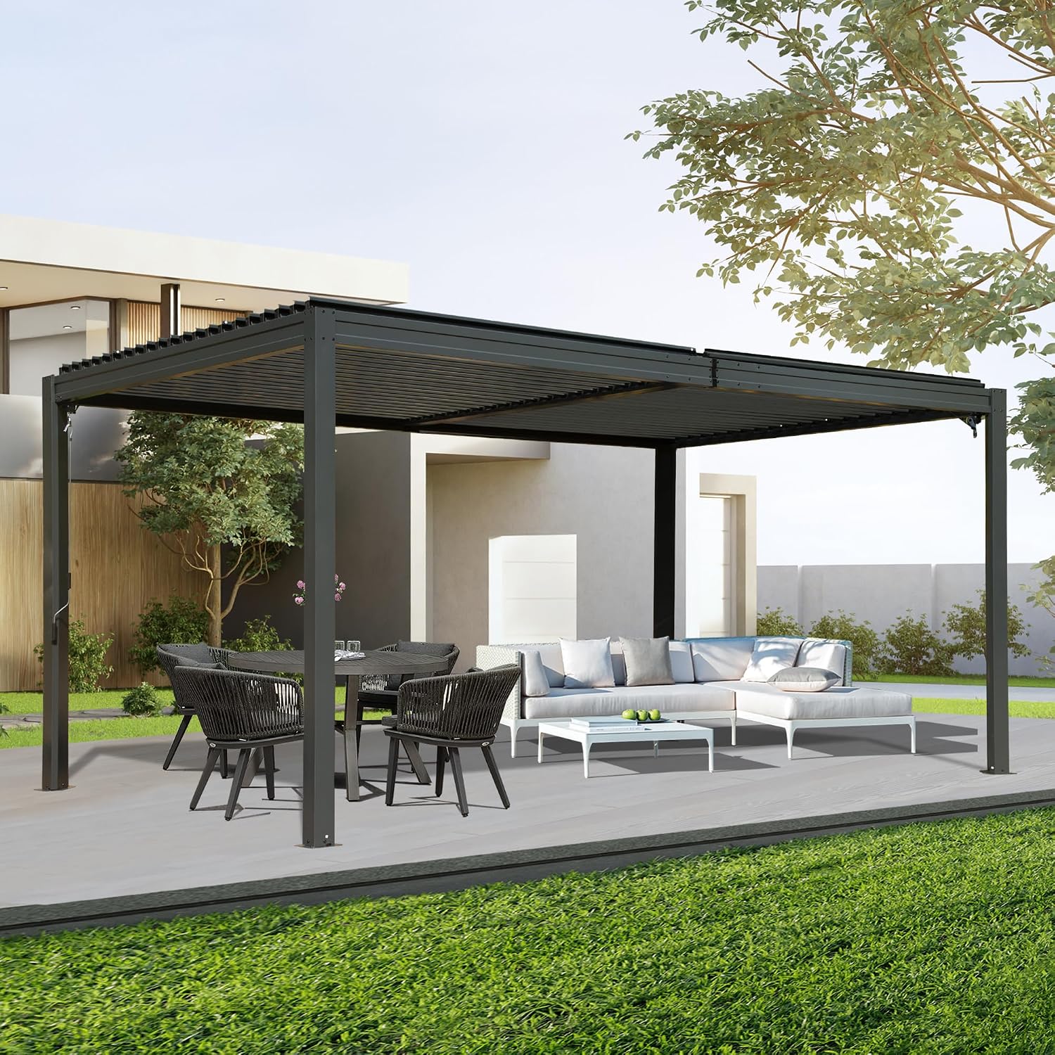Domi 10' x 16' Outdoor Pergola Aluminum Louvered Pergola with Adjustable Roof, Aluminum Frame, Efficient Drainage System for Patio, Deck, Garden (Gray)