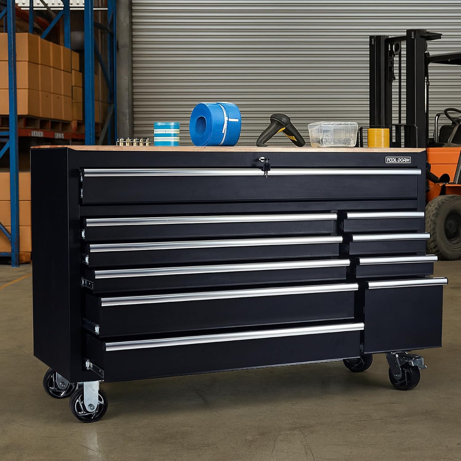 Rolling Large Tool Chest 56-Inch 10 Drawers, Big Tool Chest with Drawers, Workbench with Wooden Top and Power Strip, Rolling Toolbox with Drawers and Locking System, Black