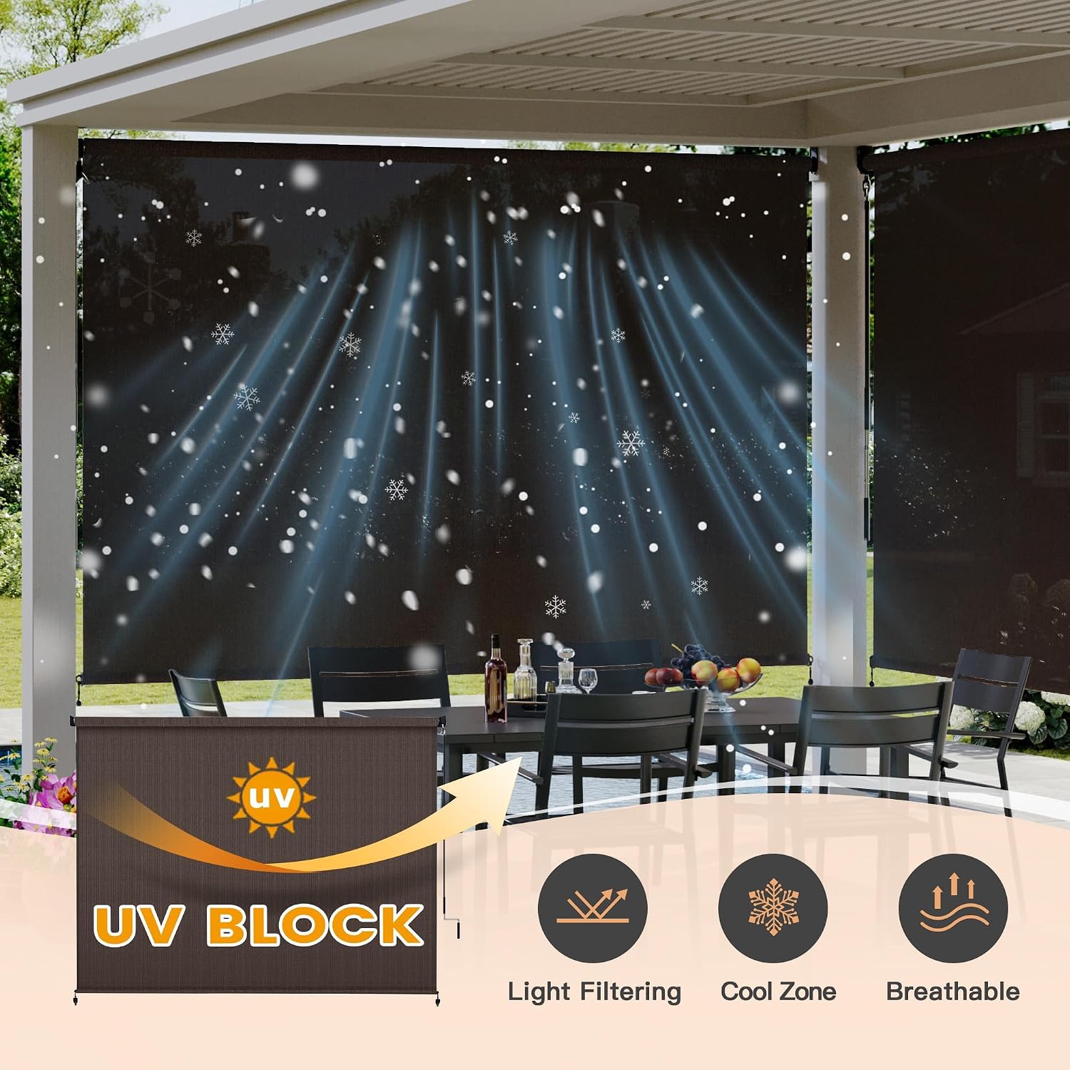 VICLLAX Outdoor Roller Shade (9' W×8' L), Patio Corded Roller Blinds, Exterior Roll Up Shade with Spliced Design for Patio Porch Gazebo, Chocolate