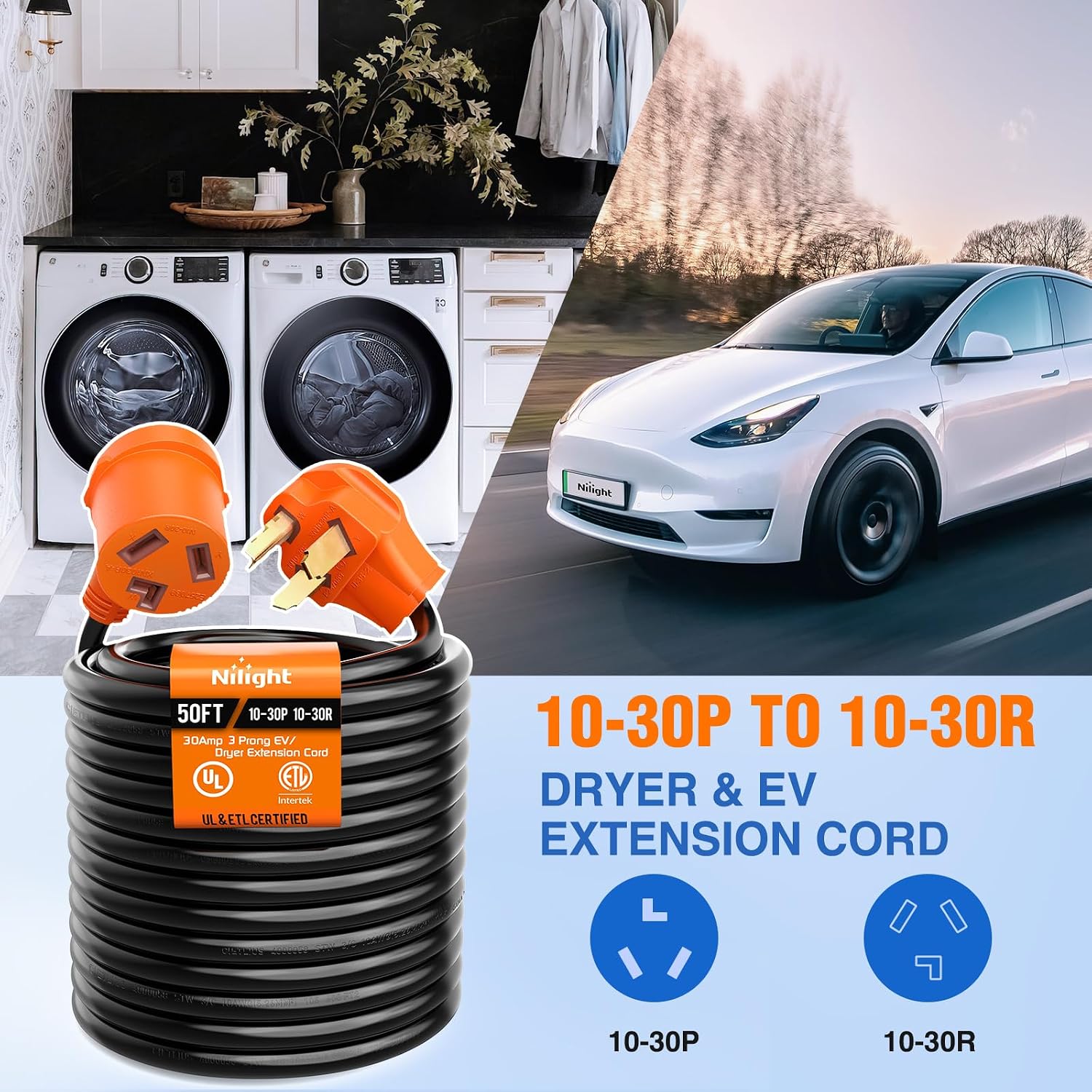 Nilight 50FT EV Dryer Extension Cord 3 Prong 30 Amp NEMA 10-30P 10-30R Old Extensions Cable Heavy Duty 10 Gauge Pure Copper Wire UL Listed 125/250V for Level 2 Using