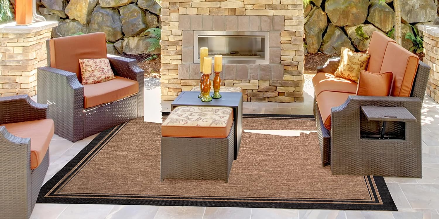 Gertmenian Indoor Outdoor Area Rug, Classic Flatweave, Washable, Stain & UV Resistant Carpet, Deck, Patio, Poolside & Mudroom, 8x10 Ft Large, Simple Border, Black Tan