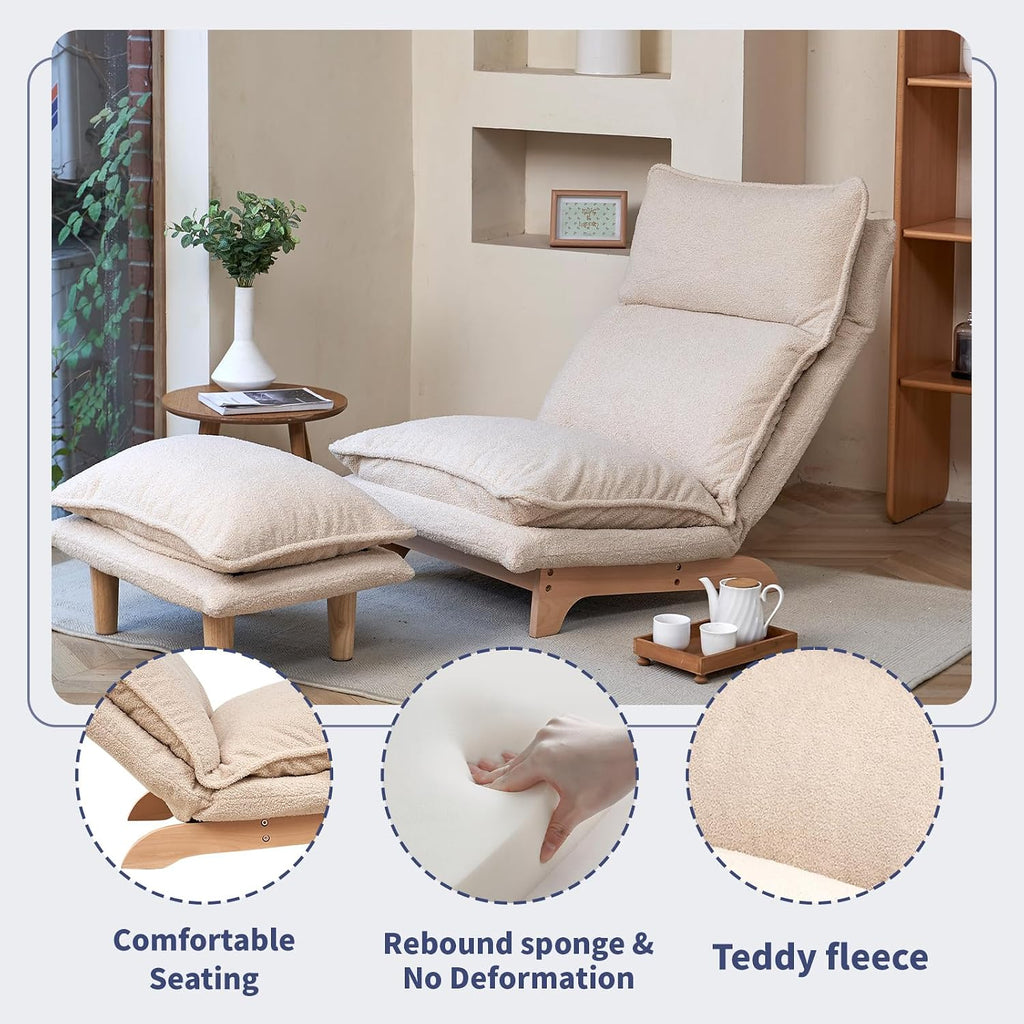 Beige Lazy Floor Lounger with Ottoman, Adjustable Floor Chair Bean Bag Style Tatami Sofa with Thick Cushions and Back Support, Comfy Lounge Seating for Adults, Gaming & Bedroom Relaxation
