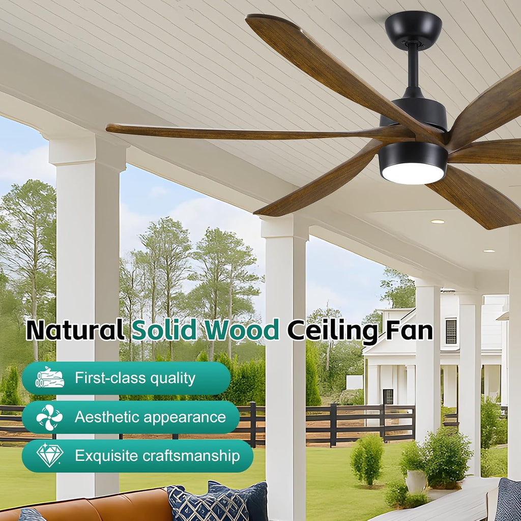 Outdoor Ceiling Fan with Light Remote, 60' Rustic Farmhouse Ceiling Fan with Light 6 Wood Blade Quiet Reversible Energy Efficient DC Motor, Damp-rated for Indoor Exterior Patio Porch Bedroom Garage
