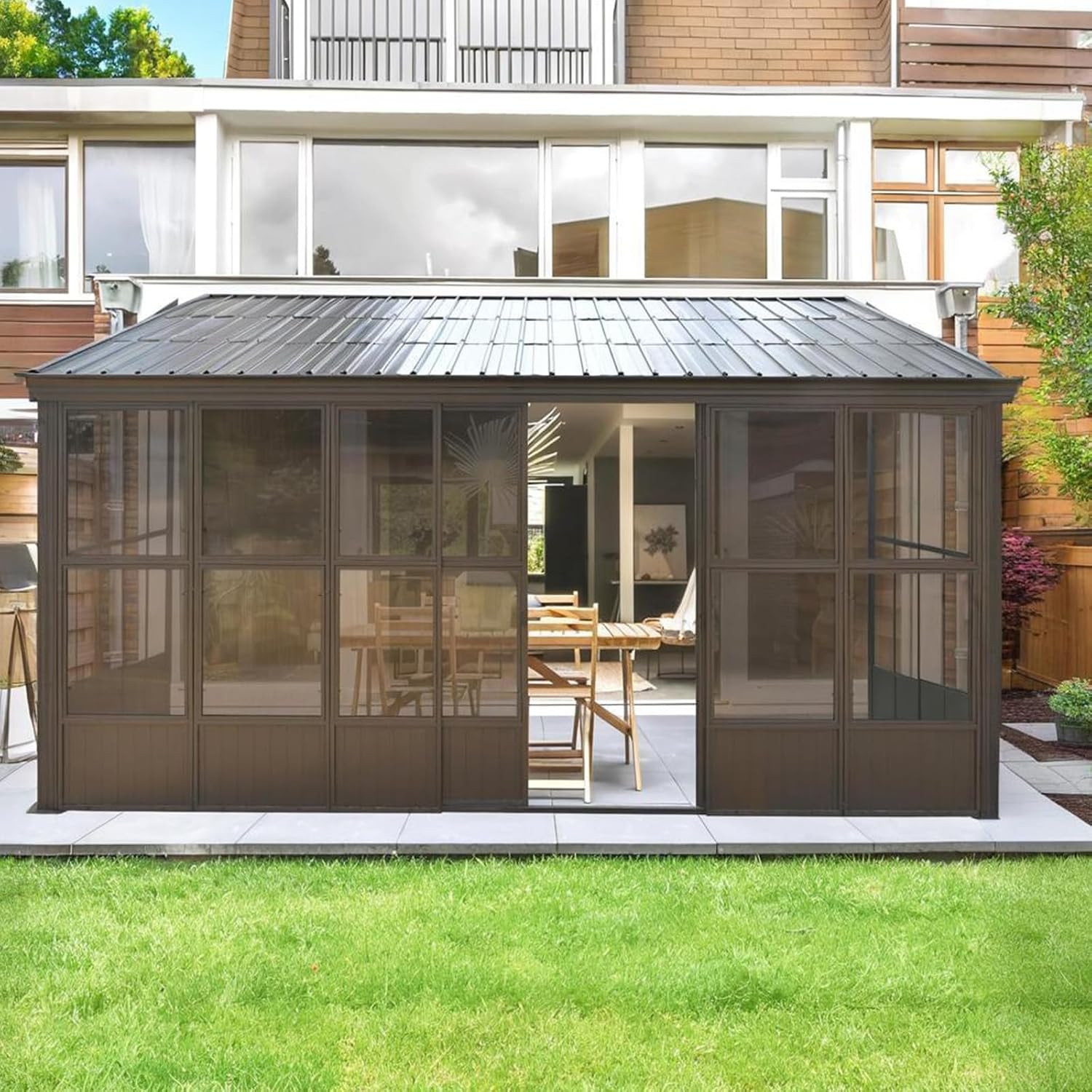 10x14FT Sunroom Kit, Wall Mounted Sunroom, Outdoor Permanent Houses with Detachable Polycarbonate Windows, Lean to Gazebo Sun Room with 2 Lockable Sliding Doors