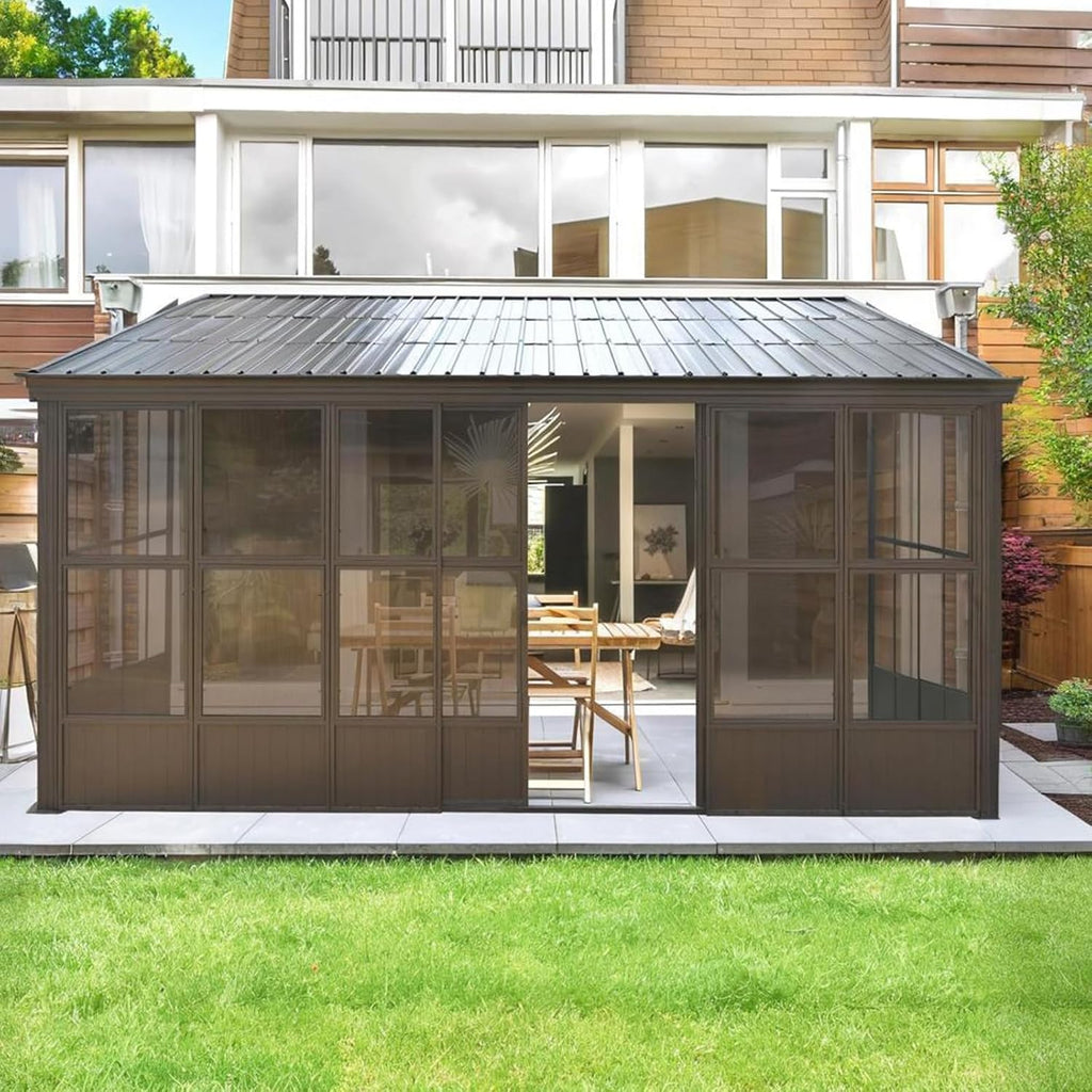 12x14ft Enclosed Gazebo Sunroom, Sunroom Kit, Outdoor Permanent Houses with Detachable Polycarbonate Windows, Lean to Gazebo Sun Room with 2 Lockable Sliding Doors