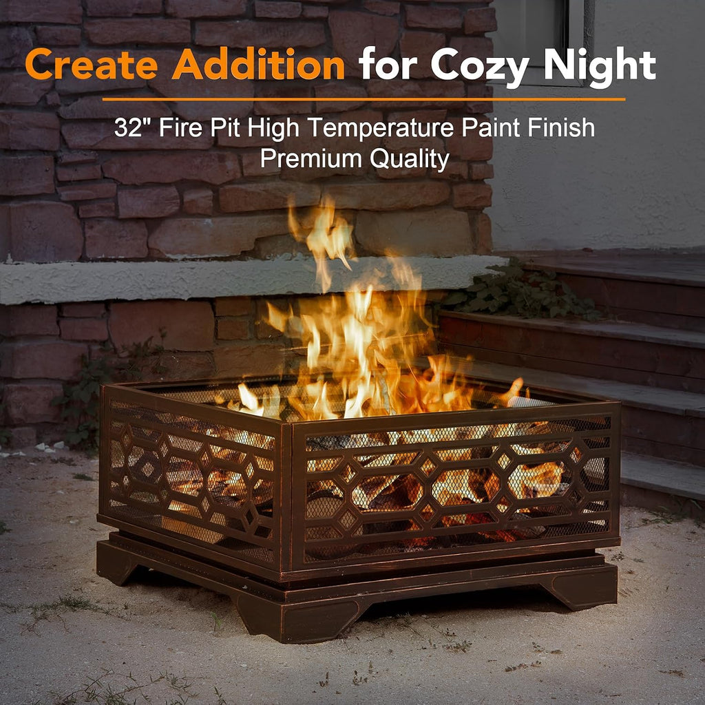 Florise Outdoor Fire Pit, 32 Inch Wood Burning Firepit for Outside with Mesh Cover & Fire Poker, Large Square Metal Fireplace for Patio, Backyard, Garden, Bonfire Party