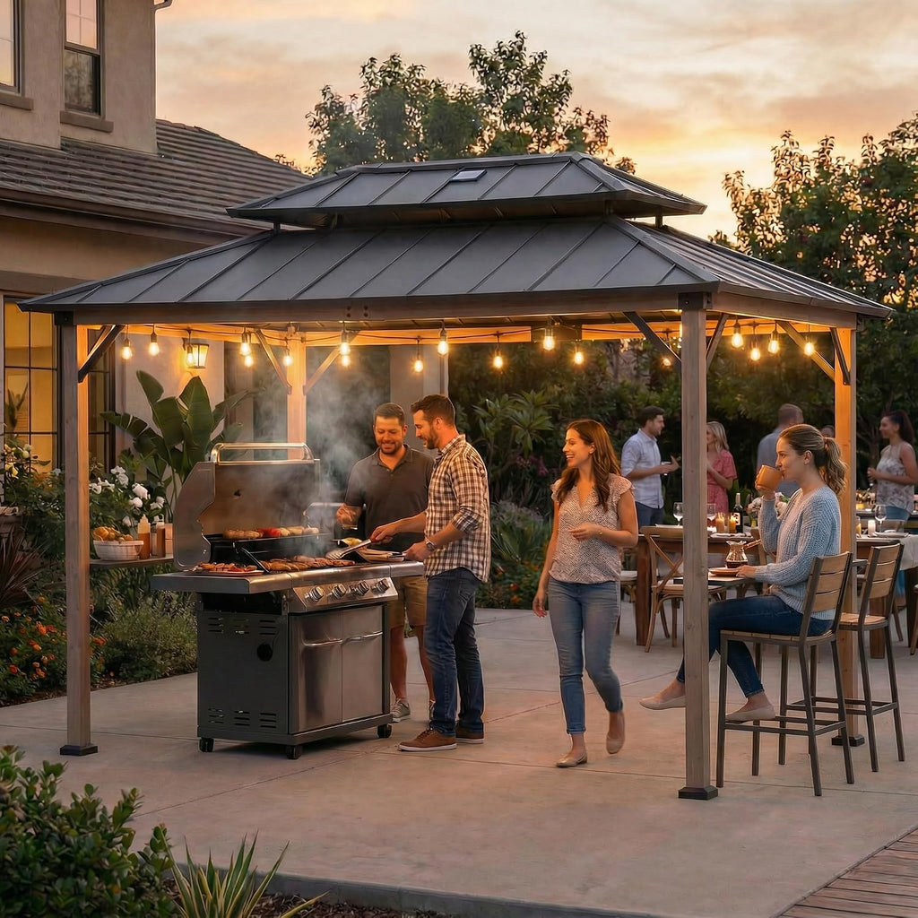 Sunjoy Wooden Grill Gazebo, 8 x 12 ft. Steel Hardtop Gazebo with Solar Power for Year-Round Grilling - 2 Full Size Grills, Griddles or Smokers - Outdoor Cooking Shelter for Backyard BBQs Party, Brown