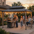 Sunjoy Wooden Grill Gazebo, 8 x 12 ft. Steel Hardtop Gazebo with Solar Power for Year-Round Grilling - 2 Full Size Grills, Griddles or Smokers - Outdoor Cooking Shelter for Backyard BBQs Party, Brown