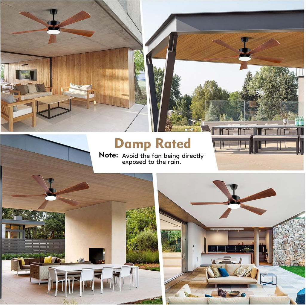 60 Inch Outdoor Ceiling Fans with Light, Rustic Farmhouse Solid Wood Ceiling Fan with Light Quiet Large Airflow DC Motor, Damp Rated Indoor Exterior Ceiling Fan for Patios Porch Gazebo Bedroom Office