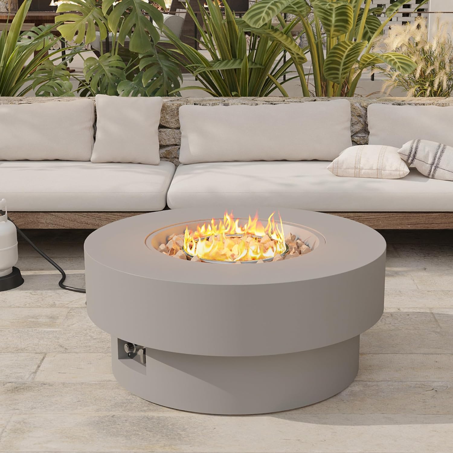 32.5 inch Outdoor Propane Fire Pit Table, 50000 BTU Round Patio Fire Pit Table with Lid, Waterproof Cover, 10ft Gas Hose & Gas Tank Base, Lava Rocks, CSA Certified, Grey
