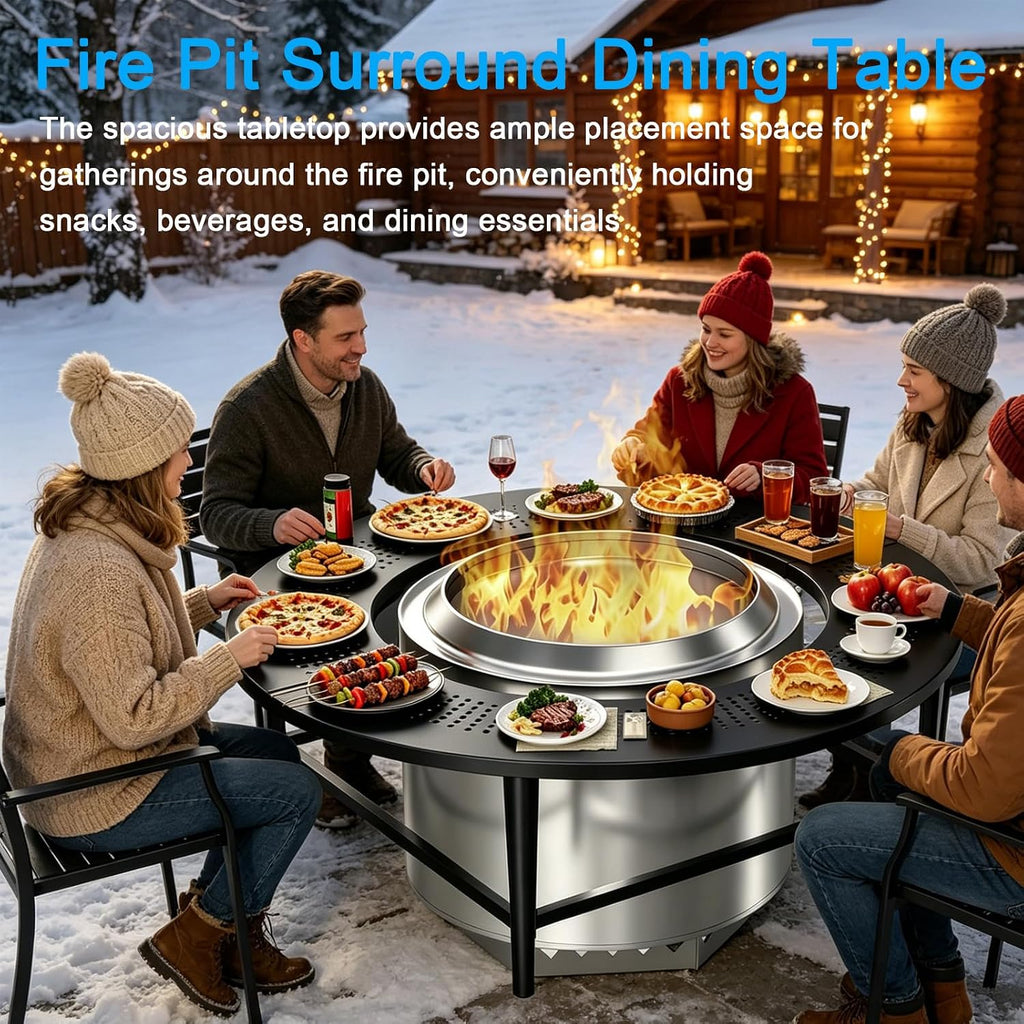 LS'BABQ 45' Fire Pit Surround Tabletop with Waterproof Cover for Solo Stove Yukon & Bonfire, Round Outdoor Fire Pit Table for Most Wood-Burning Stoves Under 28.5' Dia for Camping, Powder-Coated Steel