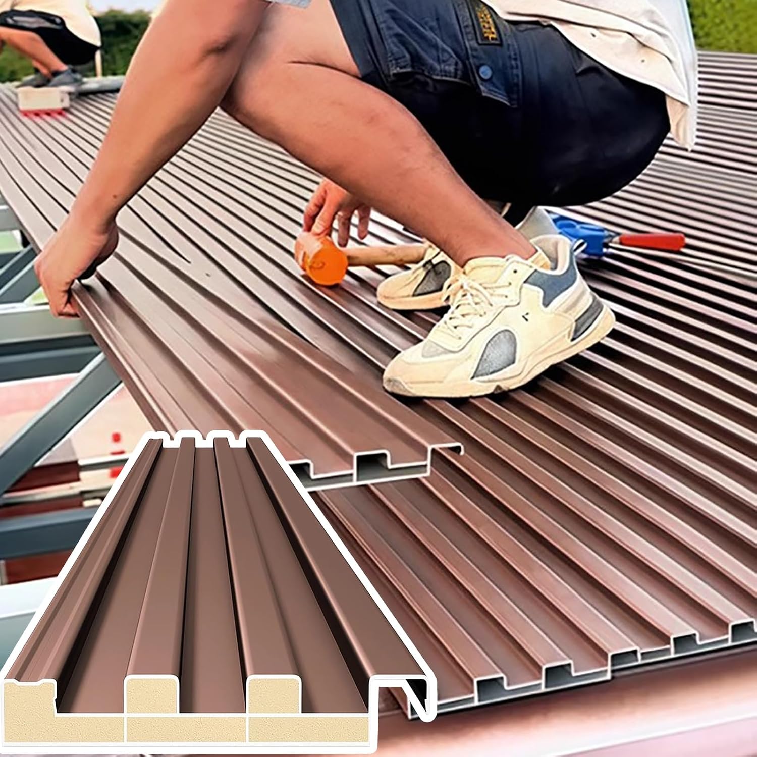 Heavy Duty Ceiling Insulated Panels, Metal Roofing Panels for Chicken Coop Gazebo and Mobile Homes, Corrugated Awning Covers with Polycarbonate Fill(Brown,L 1m(3.2ft))