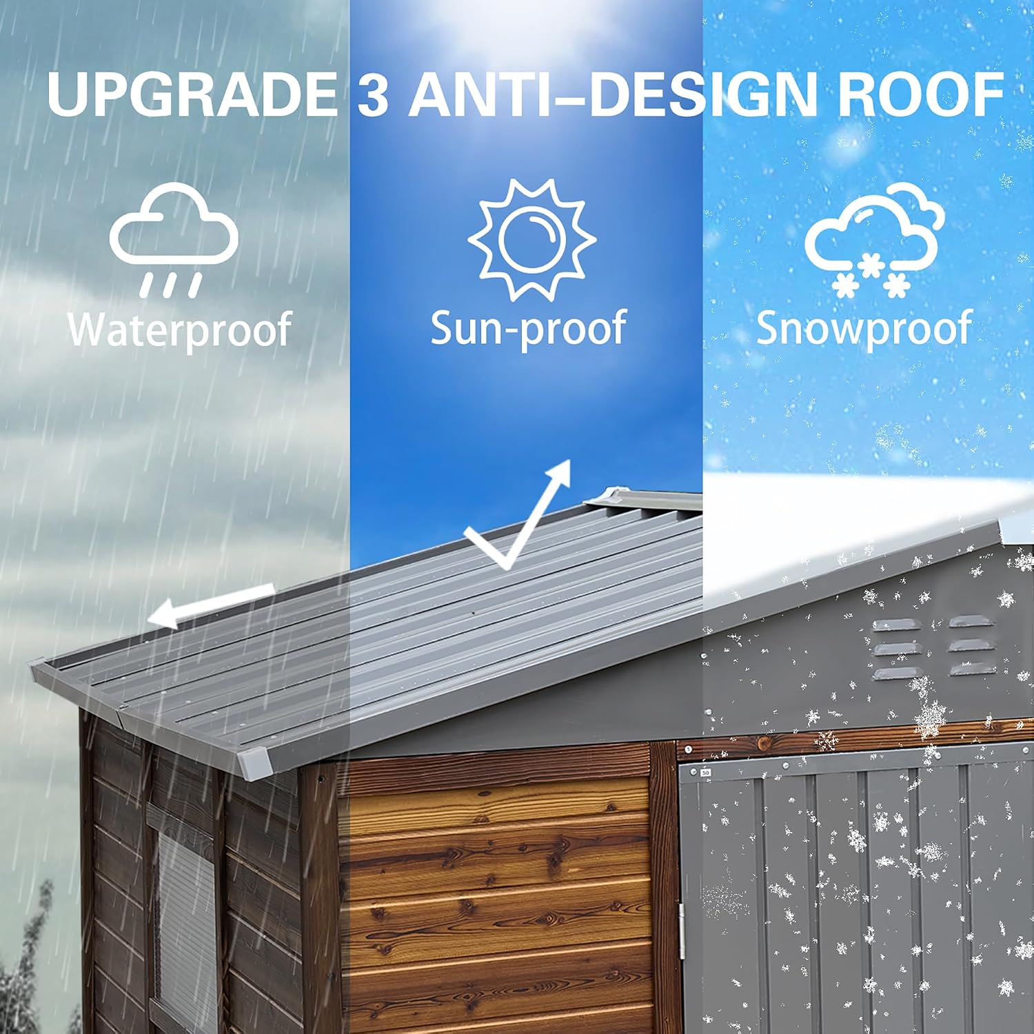 6x8 FT Outdoor Tool Shed, Wood-Iron Combination Storage Shed with Ventilation, Weather-Resistant Roof, Lockable Doors & Wood Grain Finish for Backyard and Garden