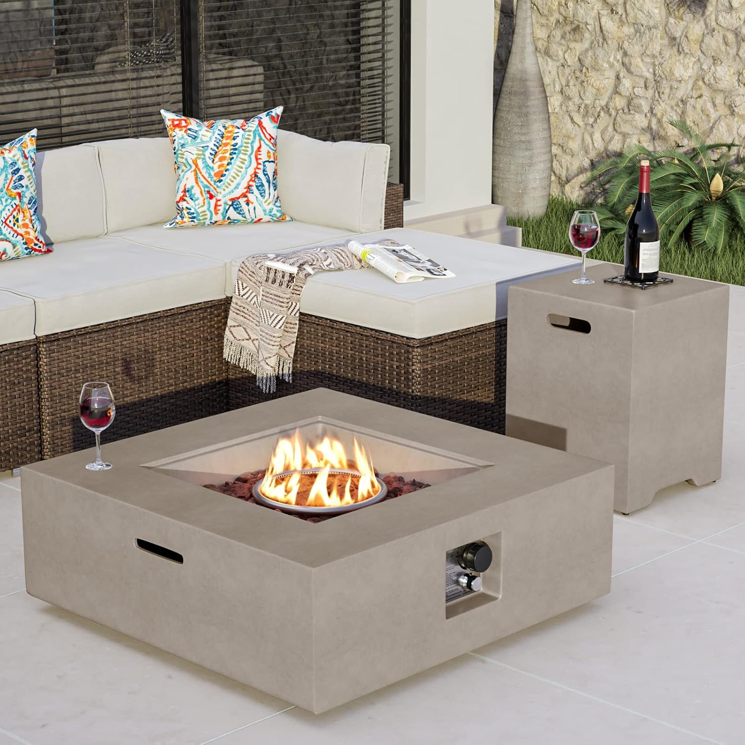 COSIEST 2-Piece Outdoor Propane Fire Pit Table Set w Tank, Gray Faux Stone 35 inch Square Fire Table w 50,000 BTU Stainless Steel Burner, w Metal Lid 20lb Hideway Tank for Garden, Porch