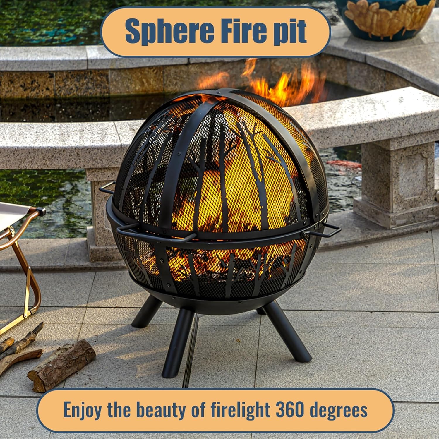 Panovue 35 Inch Wood Burning Fire Pit with BBQ Grill, Heavy Duty Fire Pits Ball for Outside with Spark Screen & Removable Ash Pan, Outdoor firepit & Fireplace for Bonfire in Garden, Yard