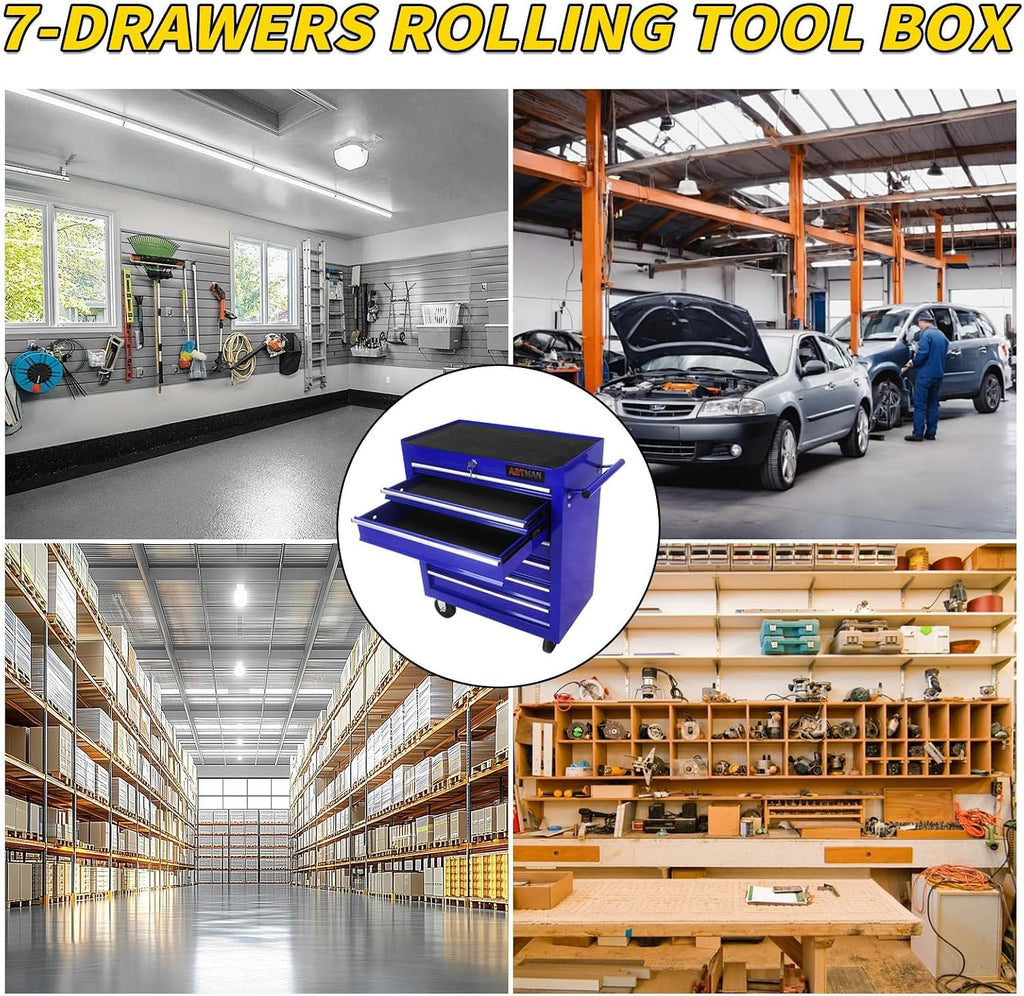 7-Drawer Rolling Tool Cart with Locking Drawers, Blue Metal Storage Cabinet, Mobile Tool Chest Organizer for Garage, Warehouse, Repair Shop, Workshop