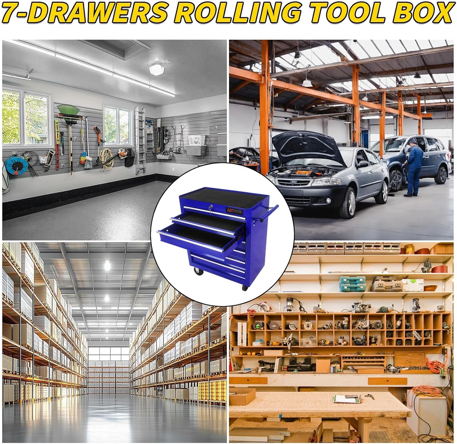 7-Drawer Rolling Tool Cart with Locking Drawers, Blue Metal Storage Cabinet, Mobile Tool Chest Organizer for Garage, Warehouse, Repair Shop, Workshop