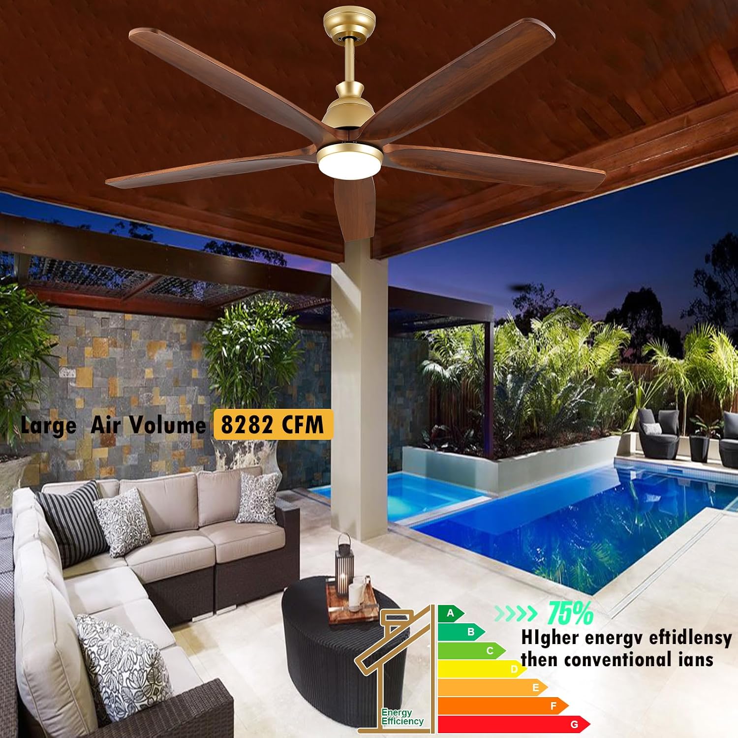 60 Inch Gold Ceiling Fan with Light and Remote, Outdoor Ceiling Fan for Patio Porch Gazebo, 5 Blade Solid Wood Rustic Farmhouse Ceiling Fans with Quiet DC Motor, Dimmable 3CCT
