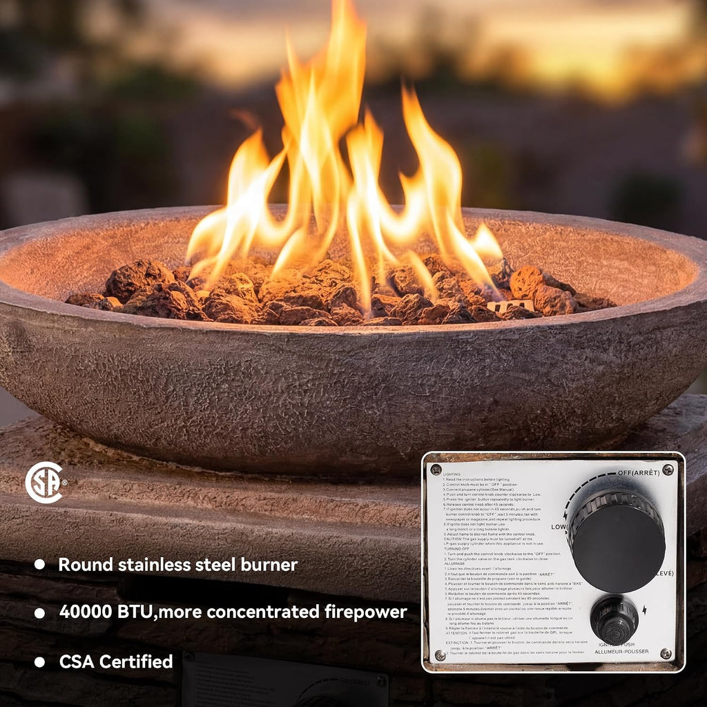 COSIEST Outdoor Propane Fire Pit Table w Faux Brown Compact Ledge Stone 20' Square Base and Faux Rose-Marble Round Bowl, Certified, 40,000 BTU, Free Lava Rocks, Fits 20lb Tank Inside, Raincover