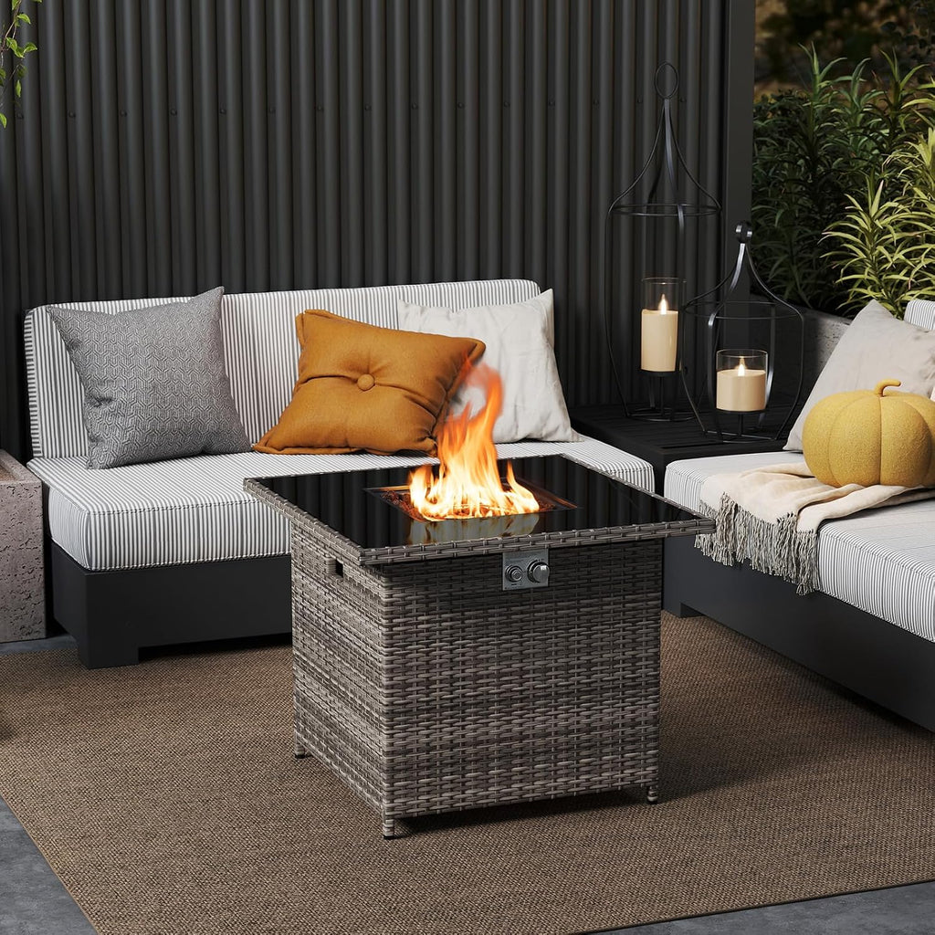 Tangkula 32.5 Inch Propane Fire Pit Table, Outdoor Rattan Gas Firepit with Tempered Glass Tabletop & Stainless Steel Burner, Square Fire Pit with Lava Rocks & Protective Cover for Outside Patio