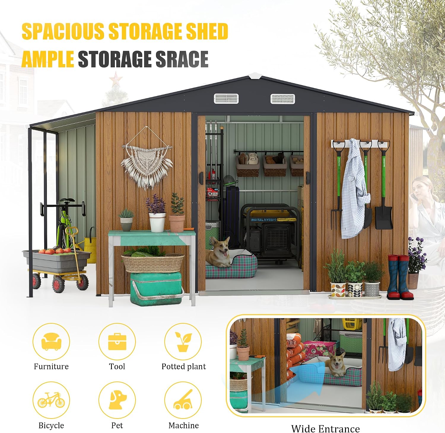 【LuckyNote】 10x12 Ft Outdoor Storage Shed, Extra Large Metal Shed with Lockable Doors, Windows, Outside Steel Tiny House Ideal for Garden, Backyard, Patio Utility, Tool Storage，3 Separate parcels