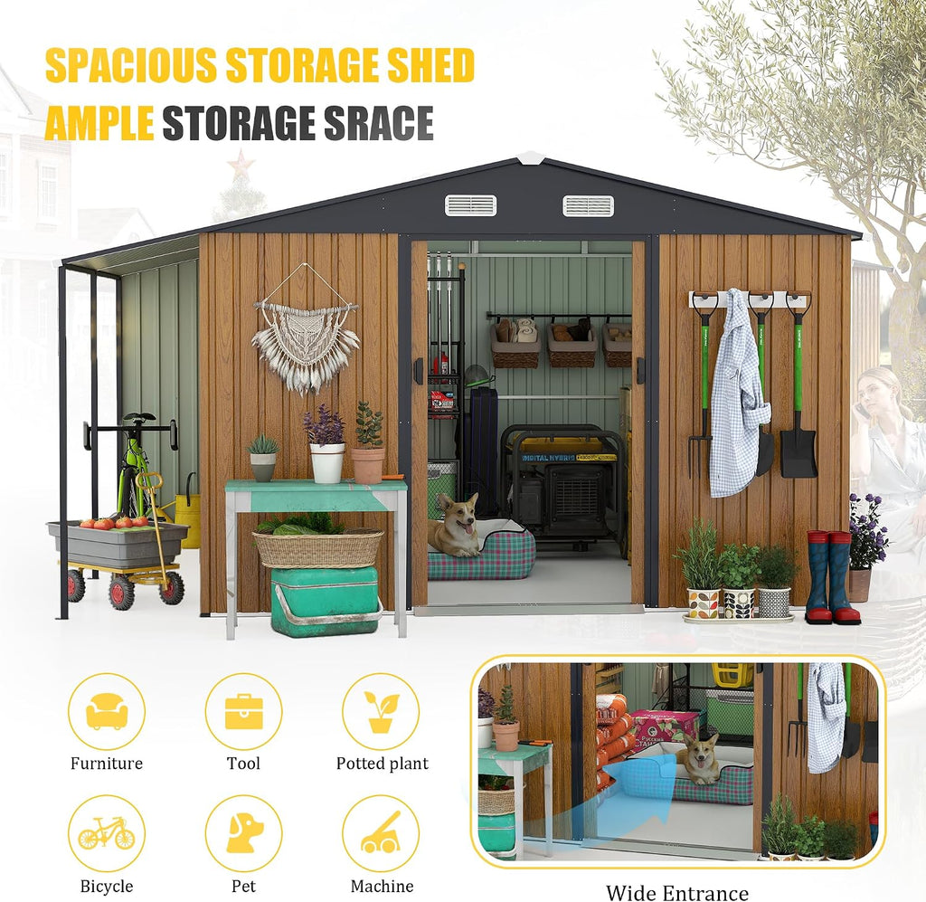 10x12 FT Outdoor Storage Shed with Sliding Lockable Doors & Windows, Extra Large Metal Shed with Dual-Zone Design, Galvanized Steel Utility Shed for Garden, Backyard, Tool Storage (Yellow, 10x12 FT)