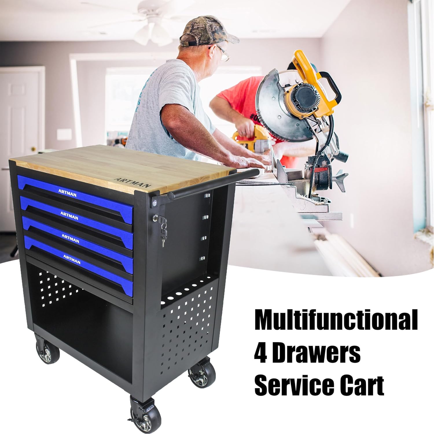 4 Drawers Tool Chest on Wheels,Tool Storage Cart with Wooden Top,Drawers Rolling Tool Box Organizer Tool Case with Lock for Garage,Warehouse,Workshop,Repair Shop (4 Drawers-35.4'H-Black&Blue)