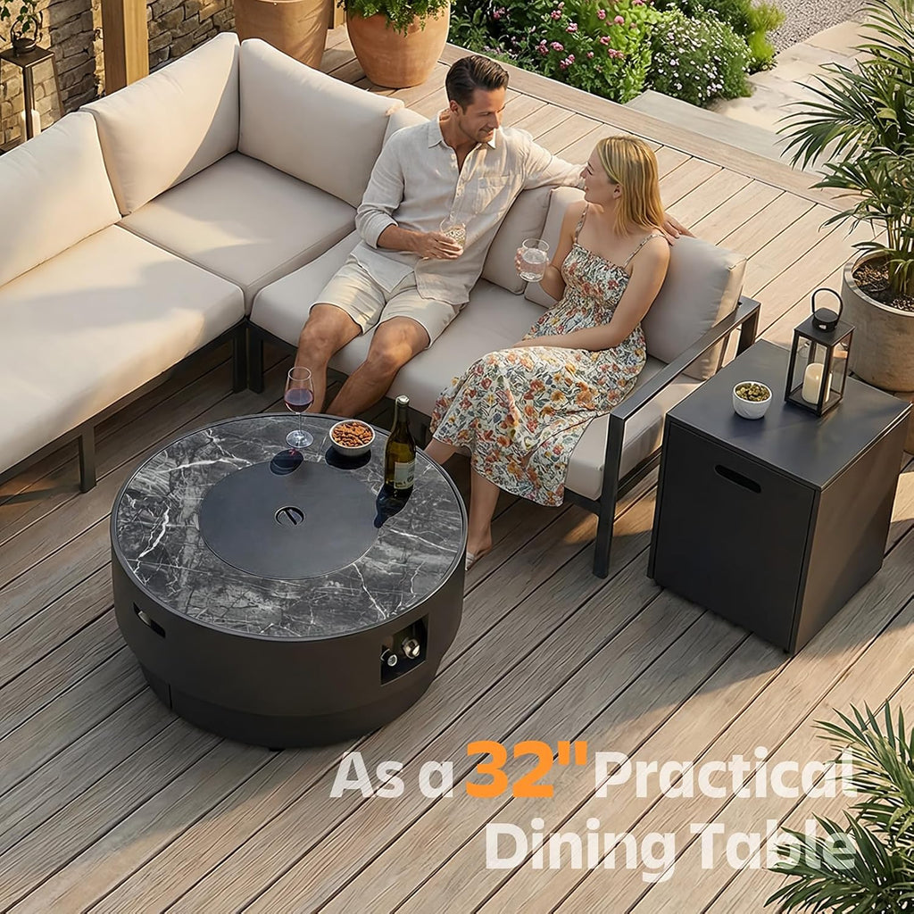 32' Outdoor Propane Fire Pit Table, 50,000 BTU Gas Fire Table with Tank Cover, Marble-Look Ceramic Top, Steel Lid, & Rain Cover, Round Patio Firepit for Backyard, Garden, Party