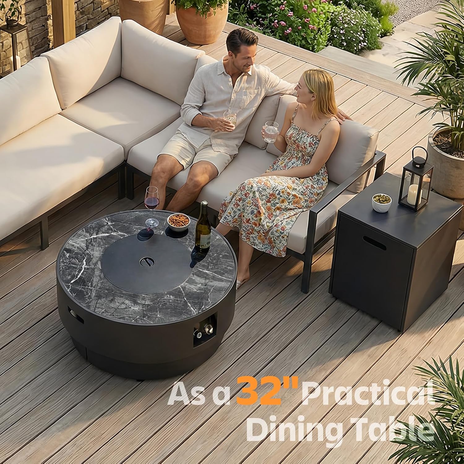 32' Outdoor Propane Fire Pit Table, 50,000 BTU Gas Fire Table with Tank Cover, Marble-Look Ceramic Top, Steel Lid, & Rain Cover, Round Patio Firepit for Backyard, Garden, Party