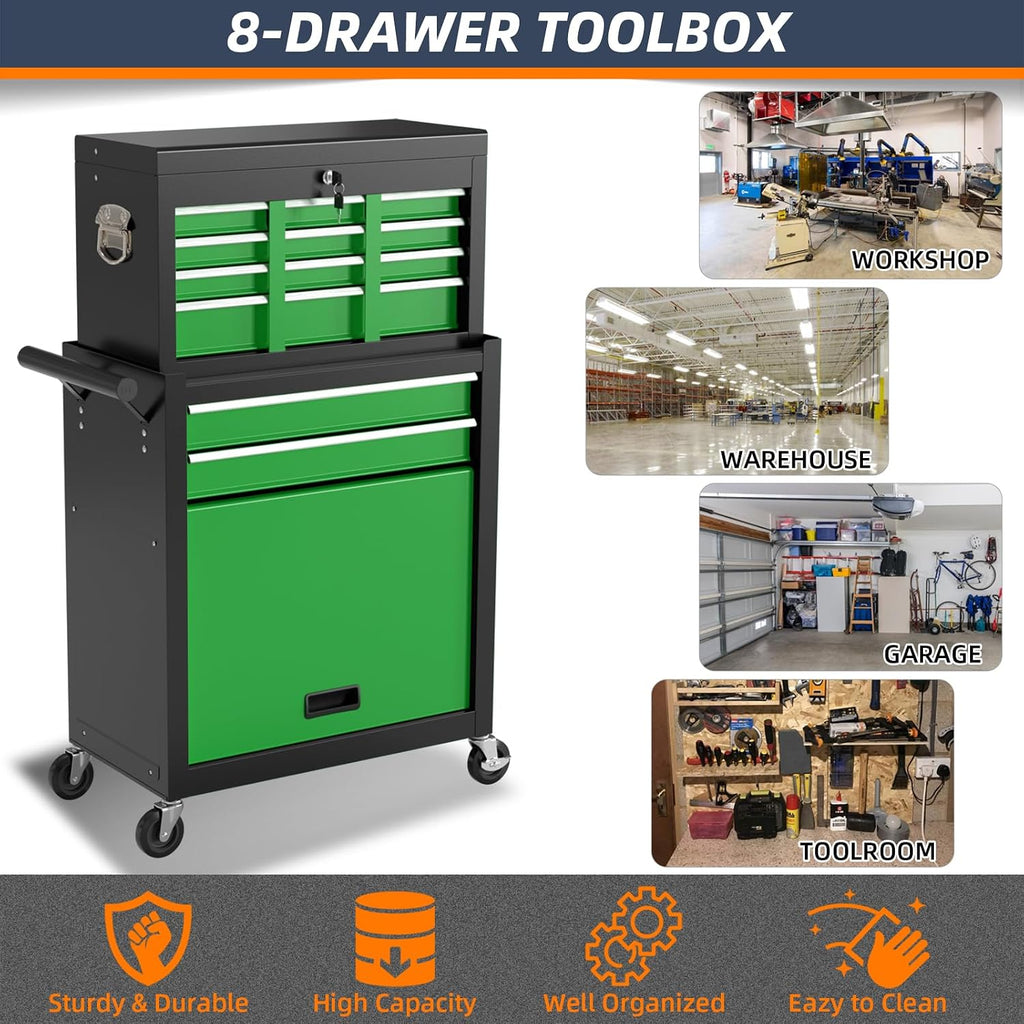 8-Drawer Rolling Tool Box, Lockable Rolling Tool Chest with Wheels and Drawers, 2 in 1 Large Capacity Storage Tool Cabinet for Warehouse, Garage, Tool Room and Repair Shop (Black&Green)
