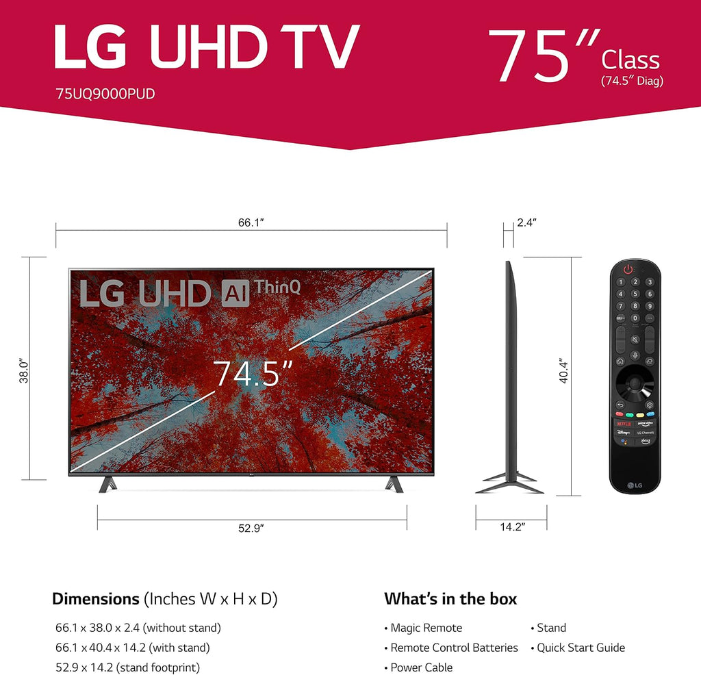 LG 75-Inch Class UQ9000 Series Alexa Built-in 4K Smart TV (3840 x 2160), 60Hz Refresh Rate, AI-Powered 4K, Cloud Gaming (75UQ9000PUD, 2022)