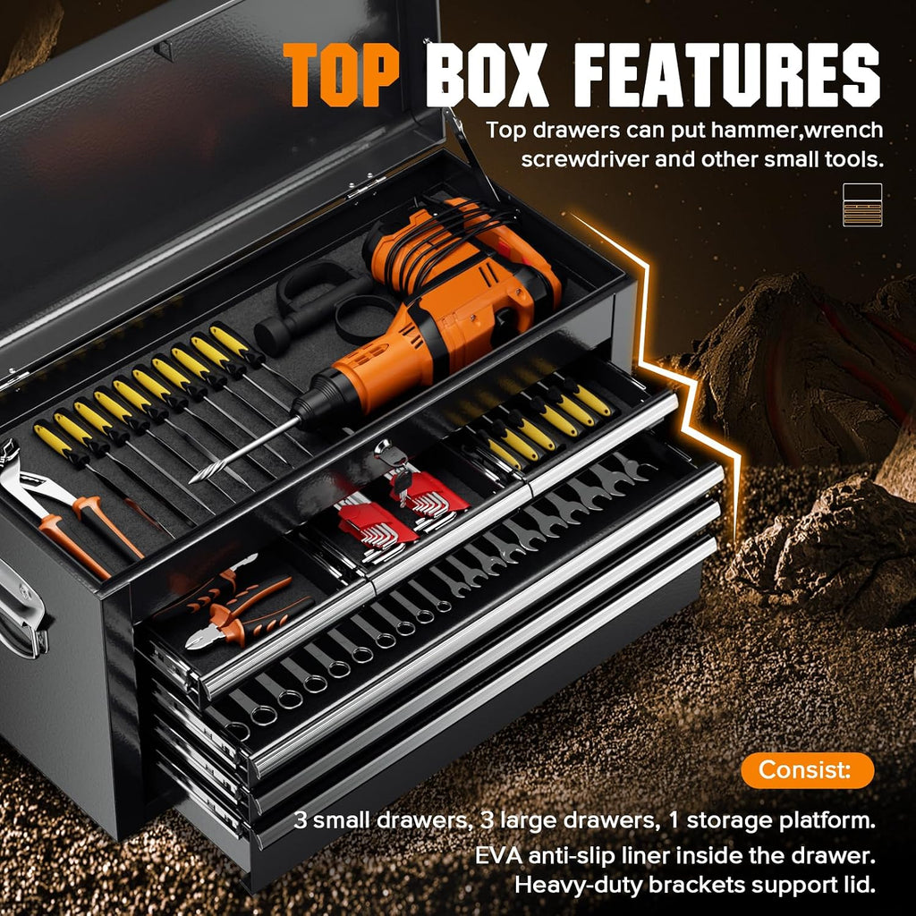 Oakcloud Heavy-Duty 8-Drawer Rolling Tool Chest and Cabinet Combo with Lock, Detachable Top Box, Side Hooks & Black Liners,Black